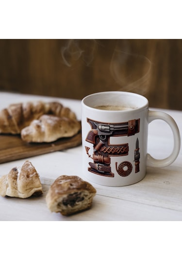 F Harfi Kovboy Temalı Bardak 330 Ml İsim / Harf Kişiye Özel Hediye - Vahşi Batı Konsept Beyaz