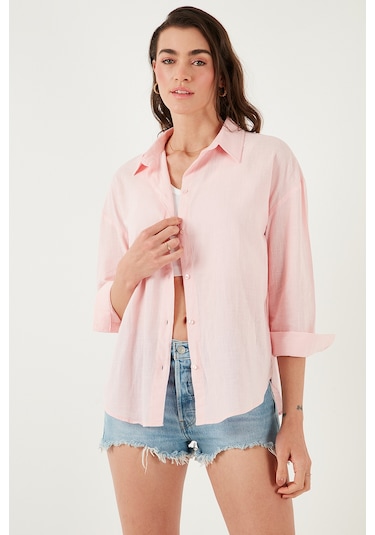 Lela Pamuklu Regular Fit Uzun Kollu Düz Bayan Gömlek Cf25S168305 Açık Pembe