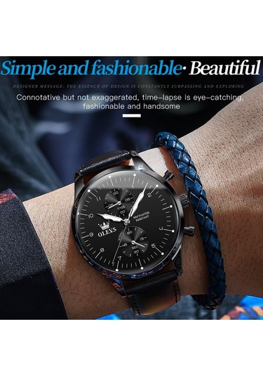 Olevs 2880 Erkekler Çok Fonksiyonlu İş Su Geçirmez Deri Kayış Kuvars İzle Siyah