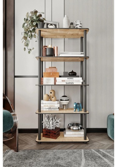 5 Katlı Dekoratif Diktörtgen Kitaplık Meşe Meşe