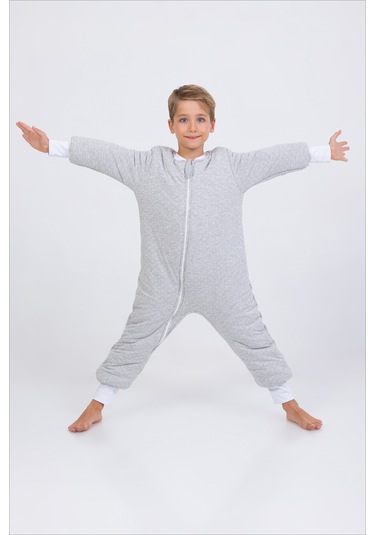 Kız Erkek Çocuk Kalın Elyaf Dolgulu Premium Kalite 2.5 Tog Desenli Uyku Tulumu Gri - Beyaz
