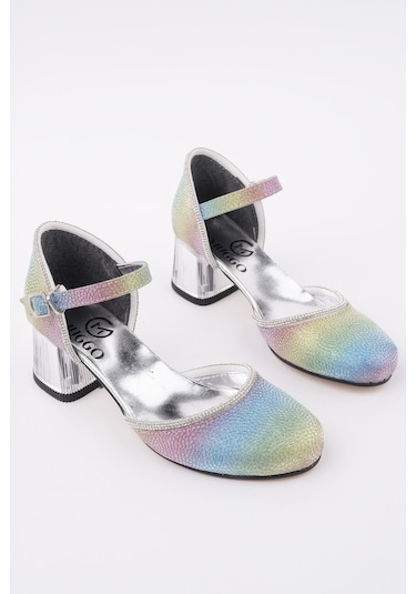 Muggo Else Bilekten Bağlamalı Simli Kız Çocuk Kısa Topuklu Ayakkabı Mor