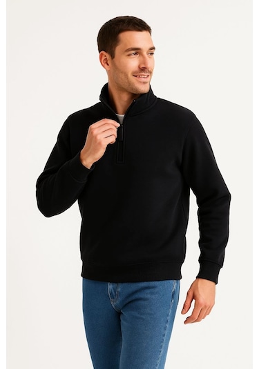 Erkek Dik Yaka Sweatshirt Dik Yaka Yarım Fermuarlı 3 İplik Şardonlu Pamuk Kumaş - Siyah Çok Renkli