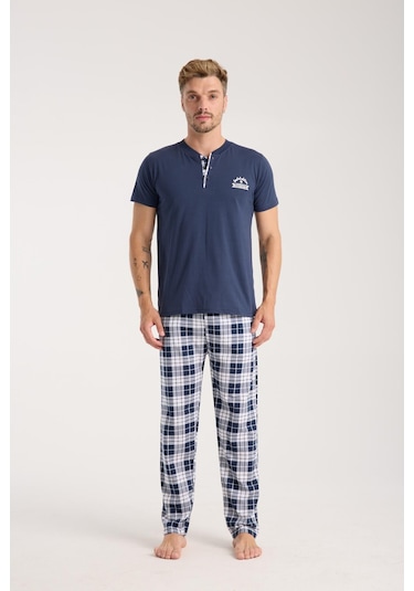 Akbeniz Erkek Lacivert Düğmeli Yaka Kısa Kol Pijama Takımı