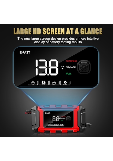 Tenfowee E-fast Tk-360 Otomatik Motosiklet Ve Araç Akü Şarj Cihazı, 12v/6a Hızlı Şarj Ve Onarım, Kırmızı, Avrupa Fişi
