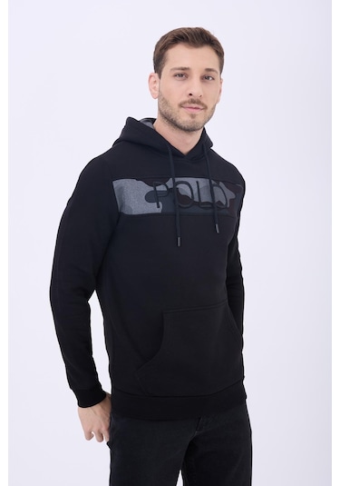 Erkek 3 İplik Pamuklu İçi Polarlı Regular Fit Nakışlı Kapüşonlu Kanguru Cepli Siyah Sweatshirt Siyah