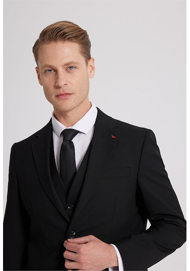 Ds Damat Slim Fit Siyah Mono Yaka Tek Yırtmaçlı Astarlı Takim Elbise Yelekli 4HFY5ORT01599 Siyah