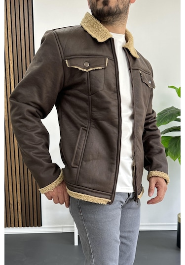 Erkek İçi Kürklü Suni Pul Deri Mont Kahverengi Edw120-kahverengi Kahverengi