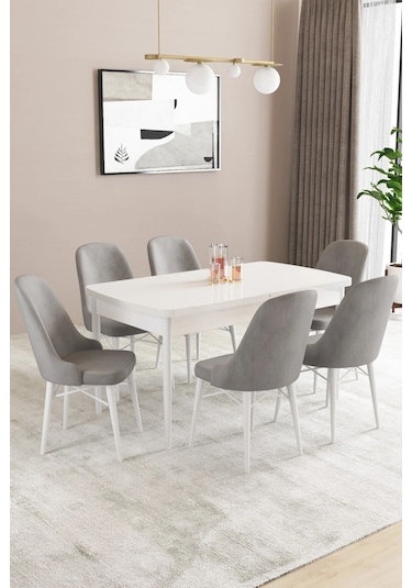 Sar Pakete Almira Serisi, Beyaz 80x132 Açılabilir Mdf Mutfak Masası Takımı 6 Adet Sandalye Gri Sar Pakete Almira Serisi, Beyaz 80x132 Açılabilir Mdf Mutfak Masası Takımı 6 Adet Sandalye Gri