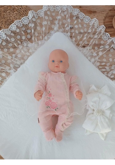 Yenidoğan Ay Işığı Papatya Dantelli Taşlı Fiyonk Bebek Battaniyesi Kundak Ekru Ekru