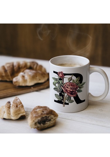 R Baş Harf Kırmızı Güller İle Sarılı Bardak 330 Ml Kişiye Özel Çiçekli Hediye Beyaz