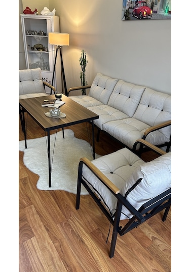 Modern Style Home Modern Kadıköy Balkon, Bahçe, Cafe - Metal Kanepe Koltuk Takımı - 3+1+1+masa Krem Modernk027 Krem