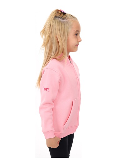 Toontoy Kız Çocuk Dik Yaka Fermuarlı Cepli Nakış Baskılı Örme Hırka - 2 İplik Şardonlu Pembe