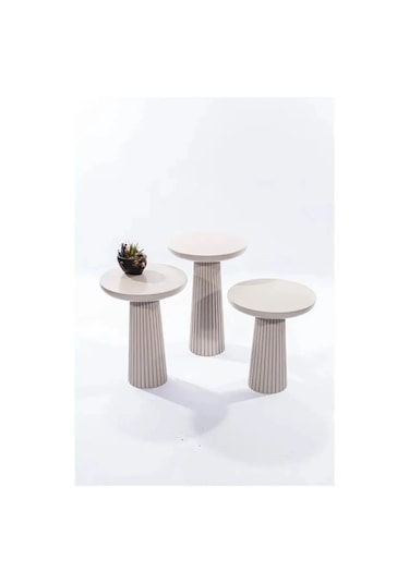 Wood Wooden 3 Lü Set Fitilli Mantar Yan Sehpa Modern Beyaz Renk F