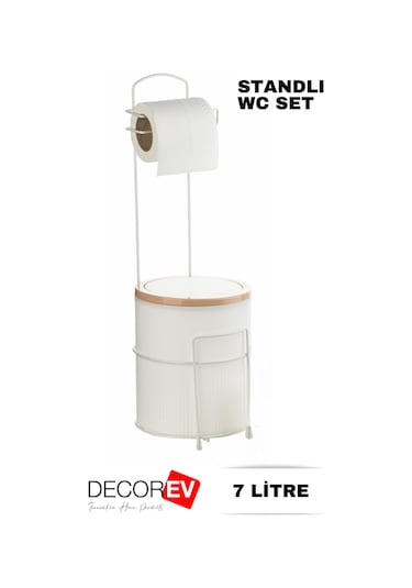 Decorev 7 Litre Banyo Mutfak Çöp Kovası Metal Standlı Tuvalet Wc Kağıtlık Seti Beyaz