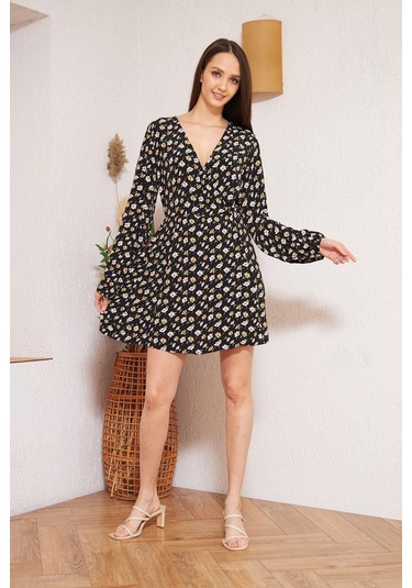 Siyah Çiçek Desenli Elbise Dm1025