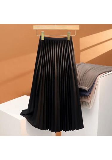 Kadın Pileli Etek Elastik Yüksek Bel A Kesim Uzun Etek Düz Renk Rahat Kumaş Çok Yönlü Etek Günlük Giyim Beyaz