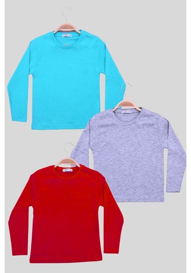 3'lü Düz 0 Yaka Uzun Kol Unisex Çocuk Turkuaz-gri-bordo Sweatshirt Çok Renkli