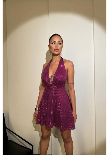 Neşeli Butik Kadın Mor Halter Yaka Payet Elbise Nbdf046 Mor