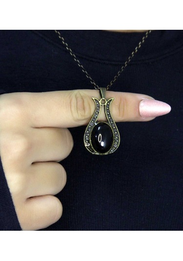 Doğal Taş Oniks Doğal Taşlı Lale Modelli Antik Kadın Kolye Euk44o Siyah