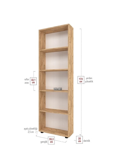 Bofigo Dekoratif 5 Raflı Kitaplık Modern Kitaplık Çınar Çam