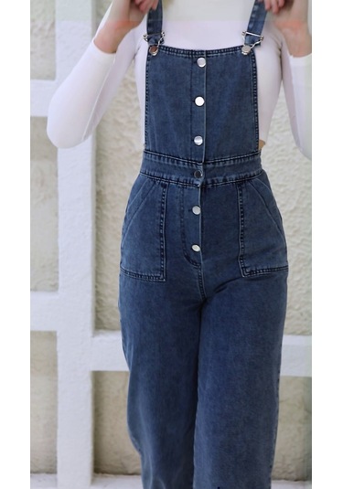 Önden Düğmeli Enzim Kumaş Salopet & Tulum Mavi