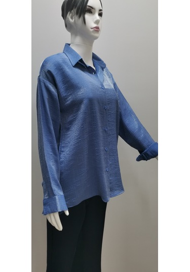 Kadın Uzun Kollu Salaş Kesim Parlak Simli Pamuk Gömlek Mavi