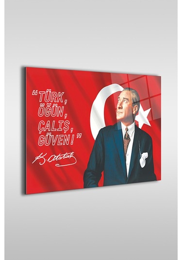 Atatürk Ve Türk Bayrağı Özel Tasarım Yatay Cam Tablo