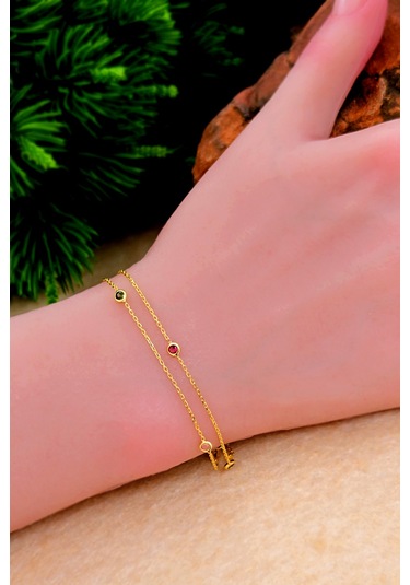 Silvera Telkari Renkli Zirkon Taşlı İki Zincirli Gümüş Bileklik Altın Kaplama Kadın 925 Ayar St373 Gümüş