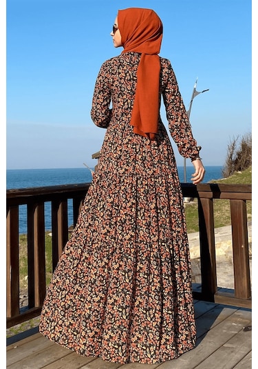Güzide Yaprak Desenli Elbise Turuncu Normal