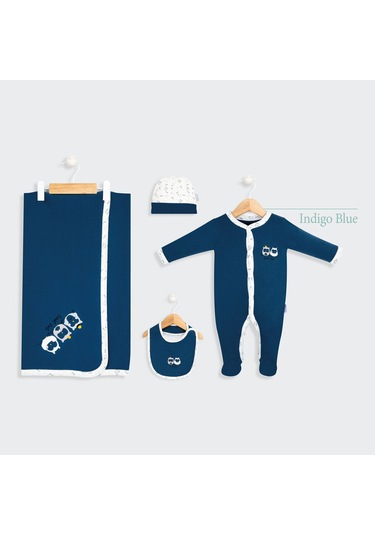 Erkek Bebek Baykuş Detaylı 4'lü Tulum Seti Mavi
