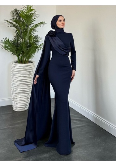 Pelerinli Abiye Lacivert