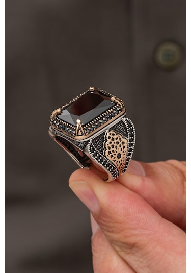 Siyah Zirkon Taşlı Dikdörtgen 925 Erkek Gümüş Yüzük Gümüş