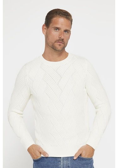 Bisiklet Yaka Desenli Yumuşak Dokulu Erkek Beyaz Kazak-30438-beyaz Beyaz