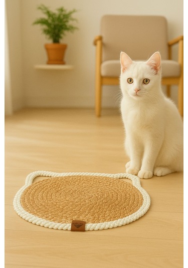 Pet - Hasır Görünümlü Kedi Paspası Ve Mama Kabı - Leke Tutmaz