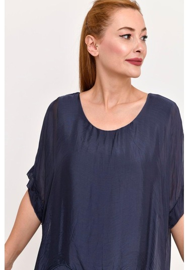 İtalyan 2 Beden İnce Gösteren Yarım Kol Kat Kat Ipek Elbise Lacivert