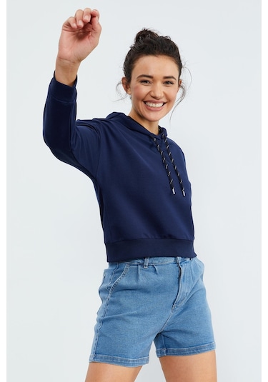 Tommy Life İndigo Uzun Kol Rahat Form Kapüşonlu Kadın Sweatshirt - 97115 İndigo