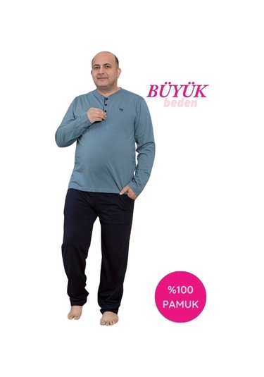 Guava Erkek Büyük Beden 3 Düğmeli %100 Pamuk Mevsimlik Uzun Kol Cepli Pijama Takımı Mavi