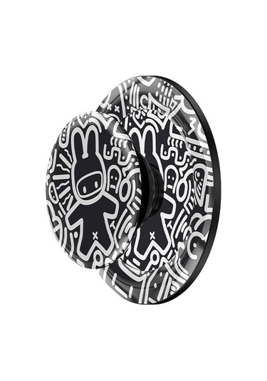 Magnetik Pop Soket Telefon Standı Benks Black And White Bunny Tasarımlı