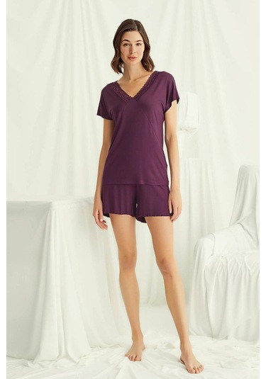 Monamise 18499 Kadın V Yaka Kısa Kollu Şortlu Pijama Takımı-bordo Bordo