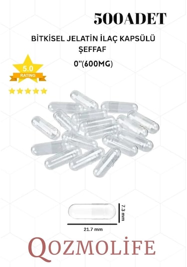 Qozmolife Orta Boy Şeffaf Bitkisel Jelatin Boş Kapsülü Helal Sertifikalı 0"600mg 500 Adet