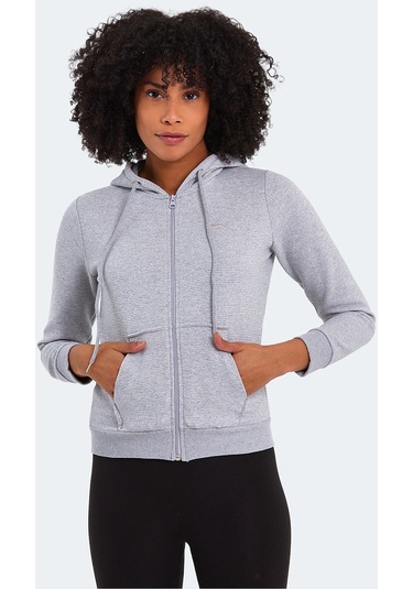 Slazenger PEMA I Kadın Fermuarlı Kapüşonlu Cepli Gri Sweatshirt