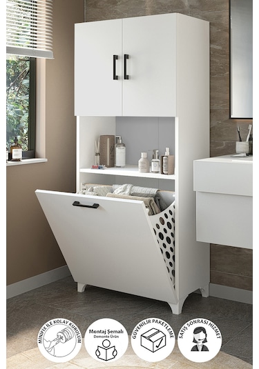 Bofigo Çok Amaçlı Dolap Banyo Dolabı Kirli Çamaşır Sepeti Dolabı Damla Beyaz Beyaz