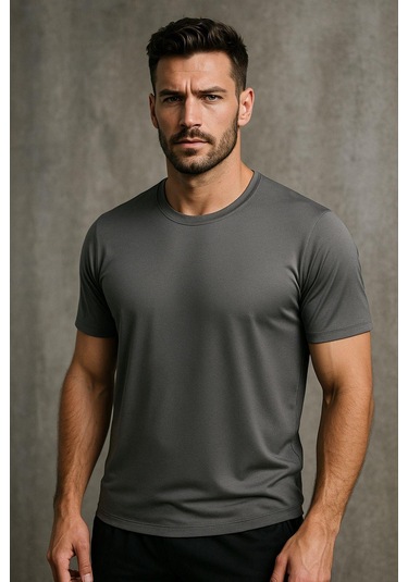 Erkek %100 Pamuk Slim Fit Sporcu Tişört Basic Bisiklet Yaka Kısa Kollu T-shirt Gri