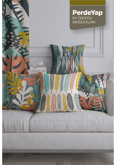 Renkli Tüyler Desenli 4lü Kırlent Kılıfı