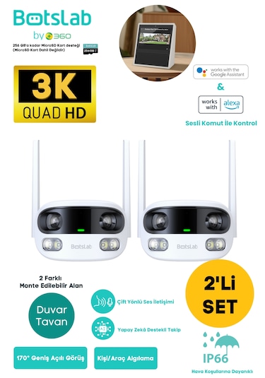+360 Botslab Smart W302 Outdoor Kamera Set 3k / Çift Yönlü Ses / 170 / Akıllı İnsan Takibi