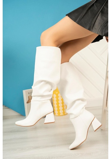 Syt-2002 Beyaz Körüklü Kalın Topuklu Günlük Bayan Çizme Resimdeki Renk