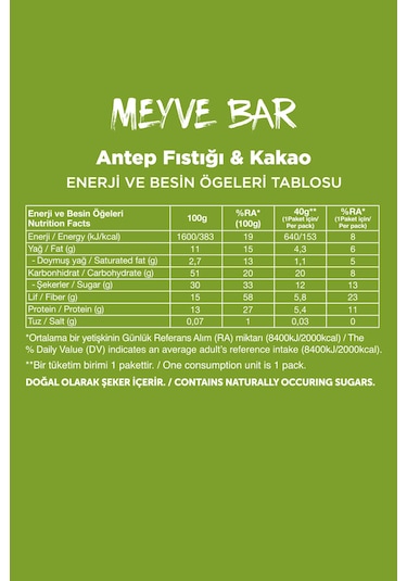 Fellas Antep Fıstığı ve Kakao Meyve Bar 12 x 40 G