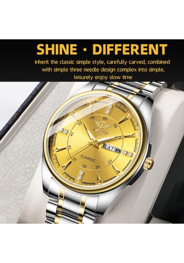 Yashıdun 5069 Çelik Kayış Şık Kuvars İzle Erkekler Aydınlık Takvim Bilek Saati - Altın Kadran