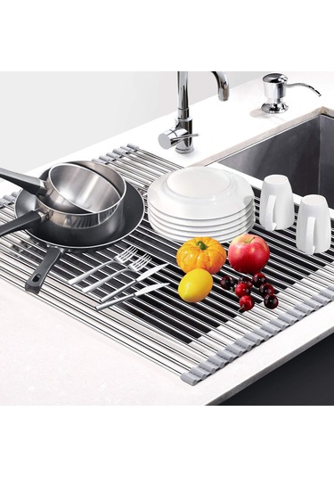 Gajeena Katlanabilir Silikon Bulaşık Kurutma Rafı - Paslanmaz Çelik Yapı, Meyve Ve Sebze Kurutma İçin Çok Amaçlı Gri